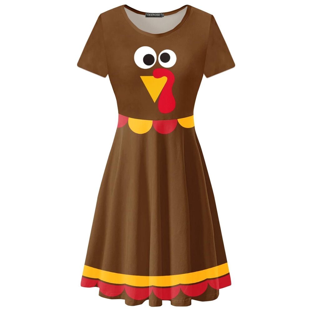 9564 Adult Thanksgiving Day Dress Cute Turkey Flared Dresses Knee Length